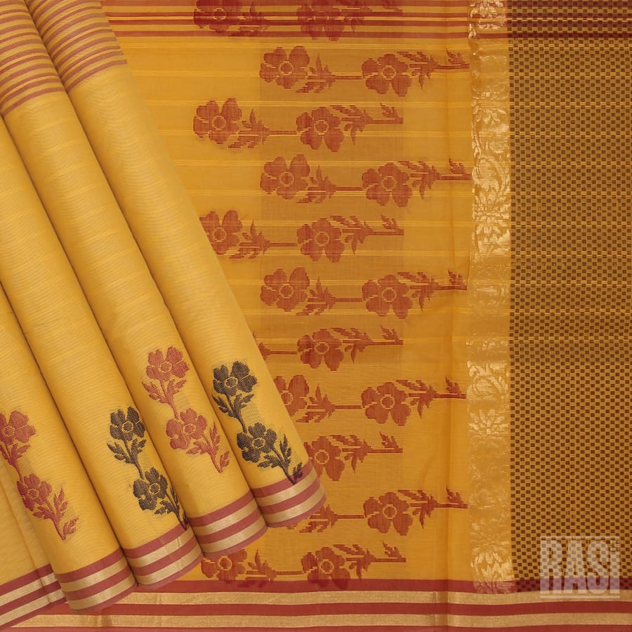 Purple striped coimbatore cotton saree with unique buttas, contrast zari  border & pallu of intricate floral designs